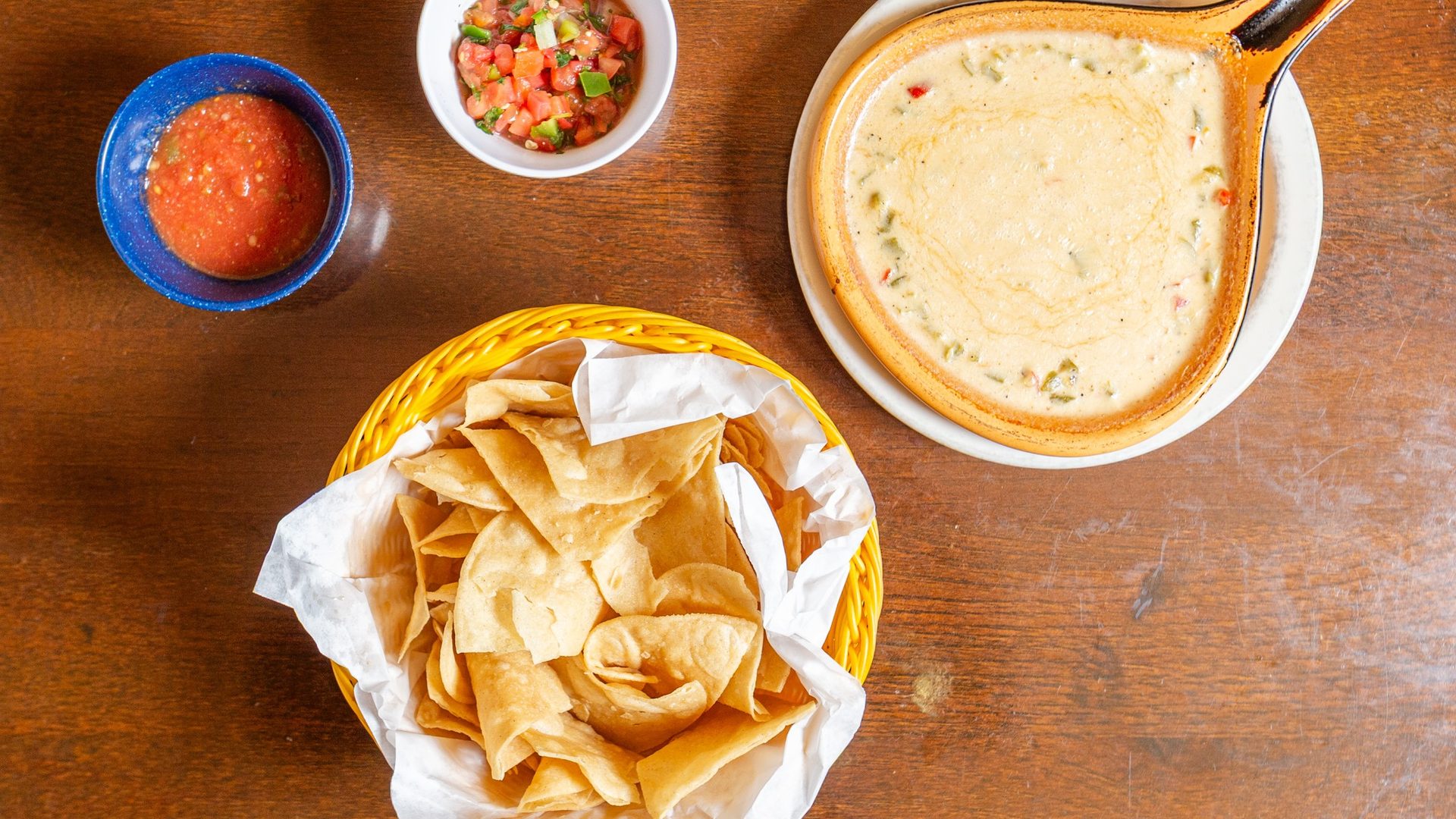 Three house salsas. Green chile every day.