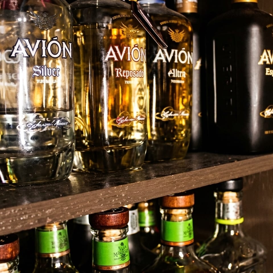 Bottles of Avion tequila, including Silver, Reposado, Ultra, and Espresso, displayed on wooden shelves.