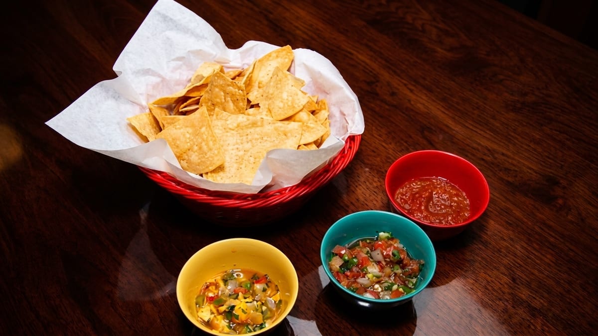 Three house salsas. Green chile every day.
